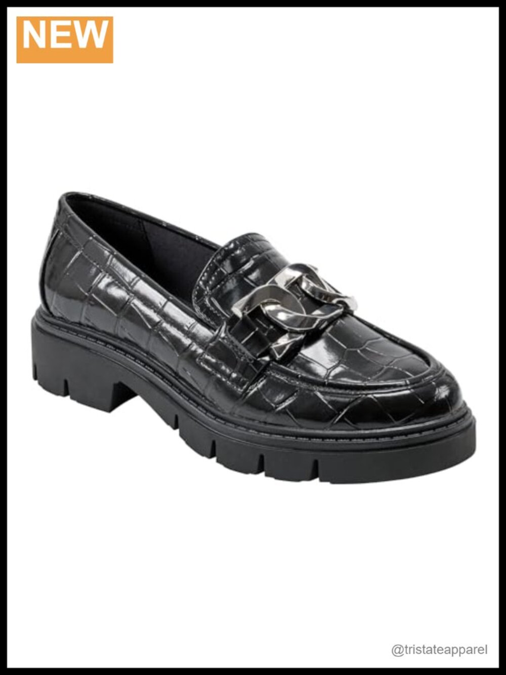 Faux Leather Slip-On Loafers with Lug Sole & Chain Detail